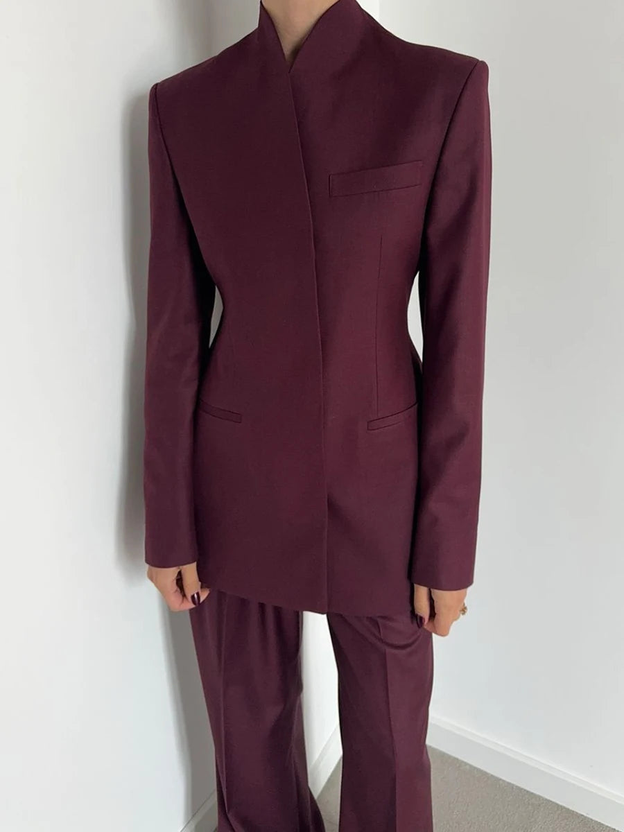 Stand Collar Long Sleeve Tops High Waist Spliced Button Long Pants Set