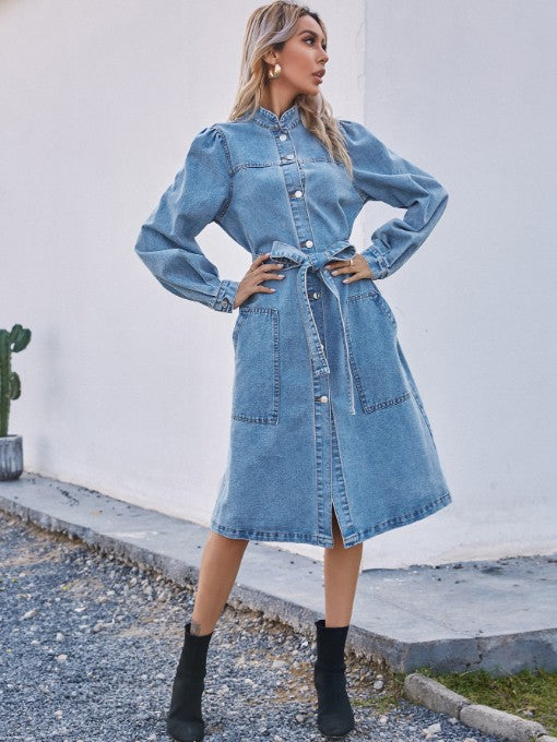 Stand Collar Single-Breasted Long Sleeve Denim Dress