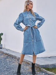 Stand Collar Single-Breasted Long Sleeve Denim Dress