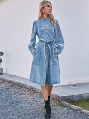 Stand Collar Single-Breasted Long Sleeve Denim Dress