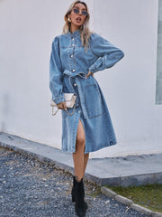 Stand Collar Single-Breasted Long Sleeve Denim Dress