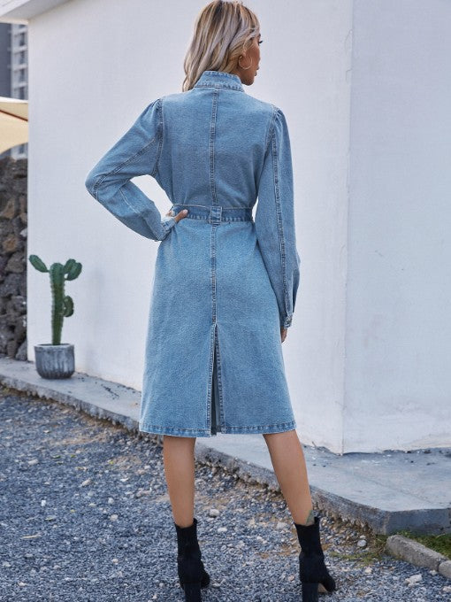 Stand Collar Single-Breasted Long Sleeve Denim Dress