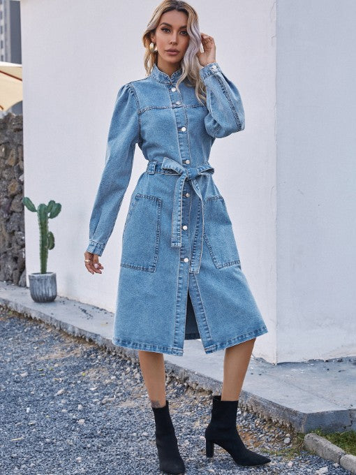 Stand Collar Single-Breasted Long Sleeve Denim Dress