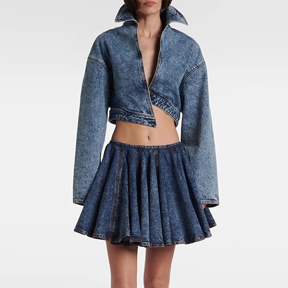 Stand Up Collar Long Sleeve Coat High Waist Mini Skirt Sets