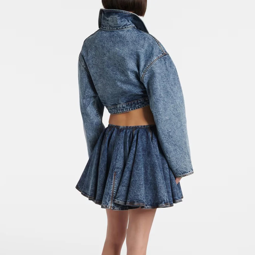 Stand Up Collar Long Sleeve Coat High Waist Mini Skirt Sets