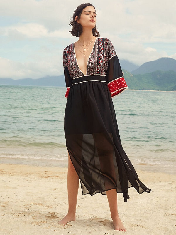 Stitch Deep V-neck Double Slit See Through Sheer Dress