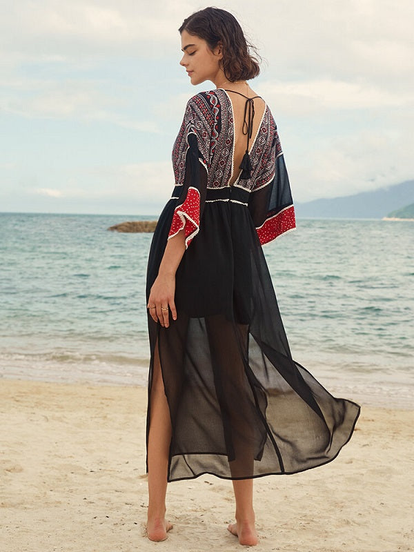 Stitch Deep V-neck Double Slit See Through Sheer Dress