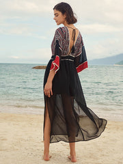 Stitch Deep V-neck Double Slit See Through Sheer Dress