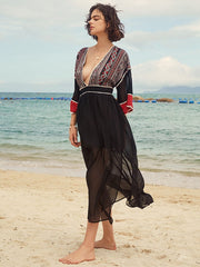 Stitch Deep V-neck Double Slit See Through Sheer Dress