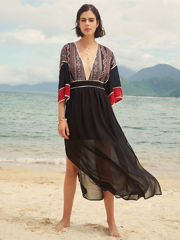 Stitch Deep V-neck Double Slit See Through Sheer Dress
