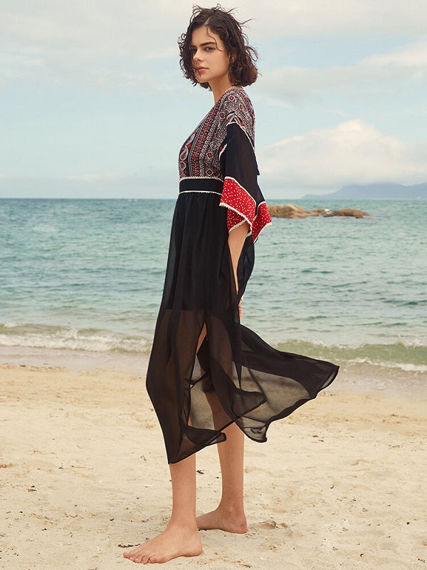 Stitch Deep V-neck Double Slit See Through Sheer Dress