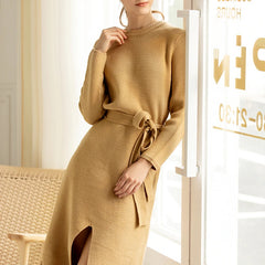 Straight Solid Casual Office Lady Bow Sashes Long Sweater Dress