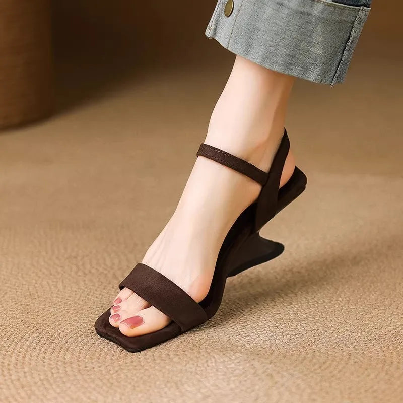 Straight Strap Sandals French Retro Temperament Wedge Heel