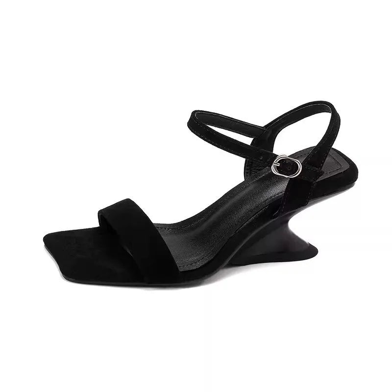 Straight Strap Sandals French Retro Temperament Wedge Heel