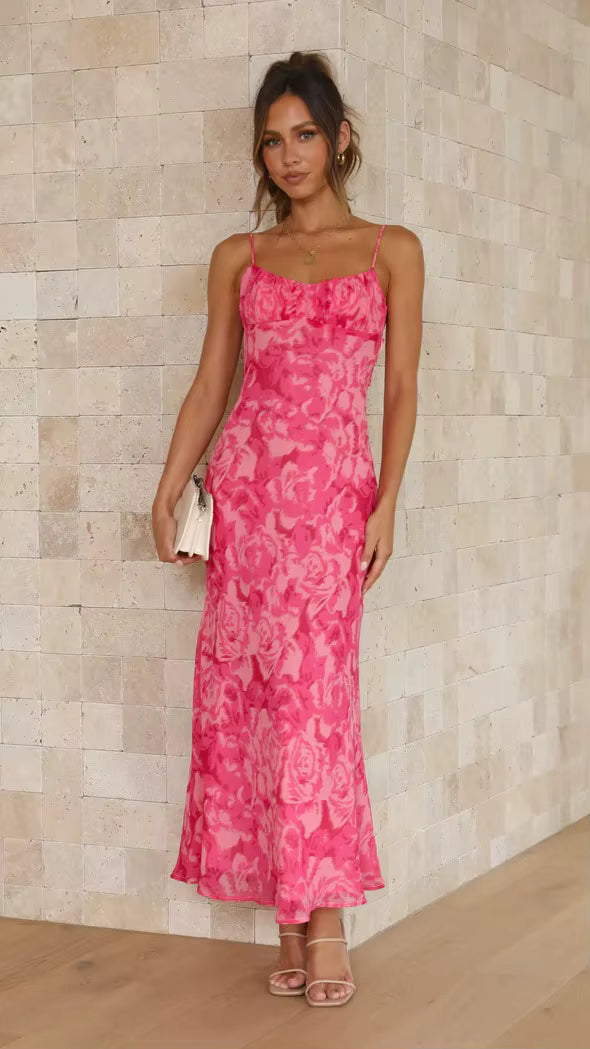 Strap Bareback Hollow Style Square Collar Zippers Printed Maxi Dress