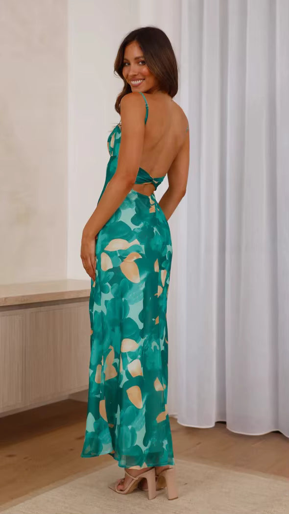 Strap Bareback Hollow Style Square Collar Zippers Printed Maxi Dress