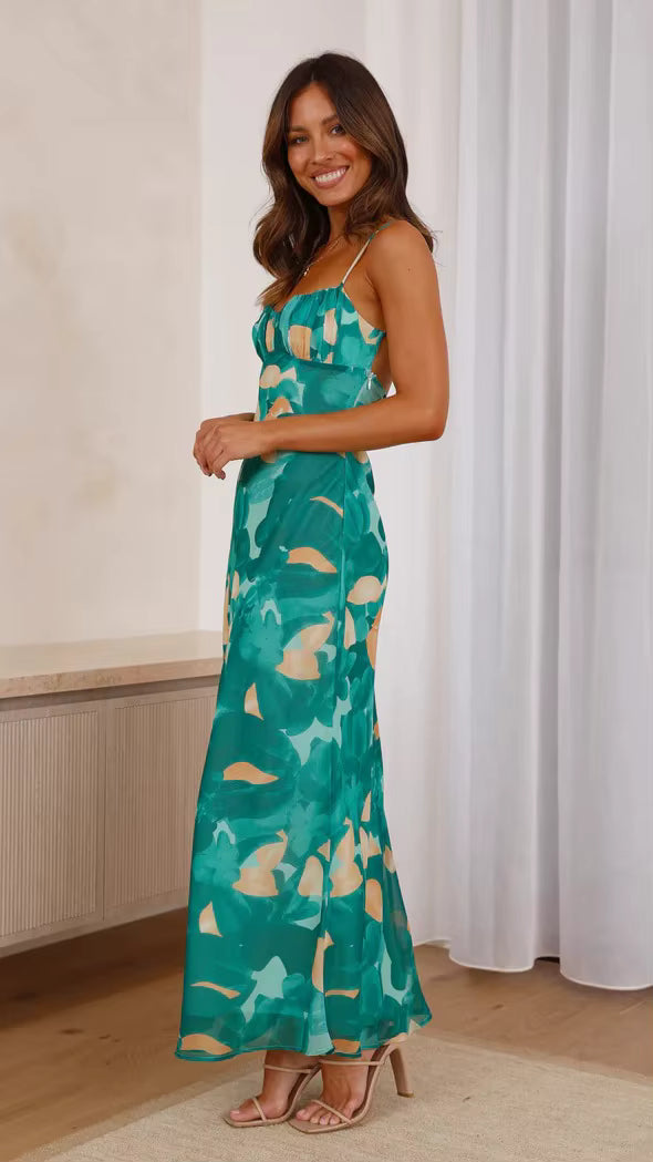 Strap Bareback Hollow Style Square Collar Zippers Printed Maxi Dress