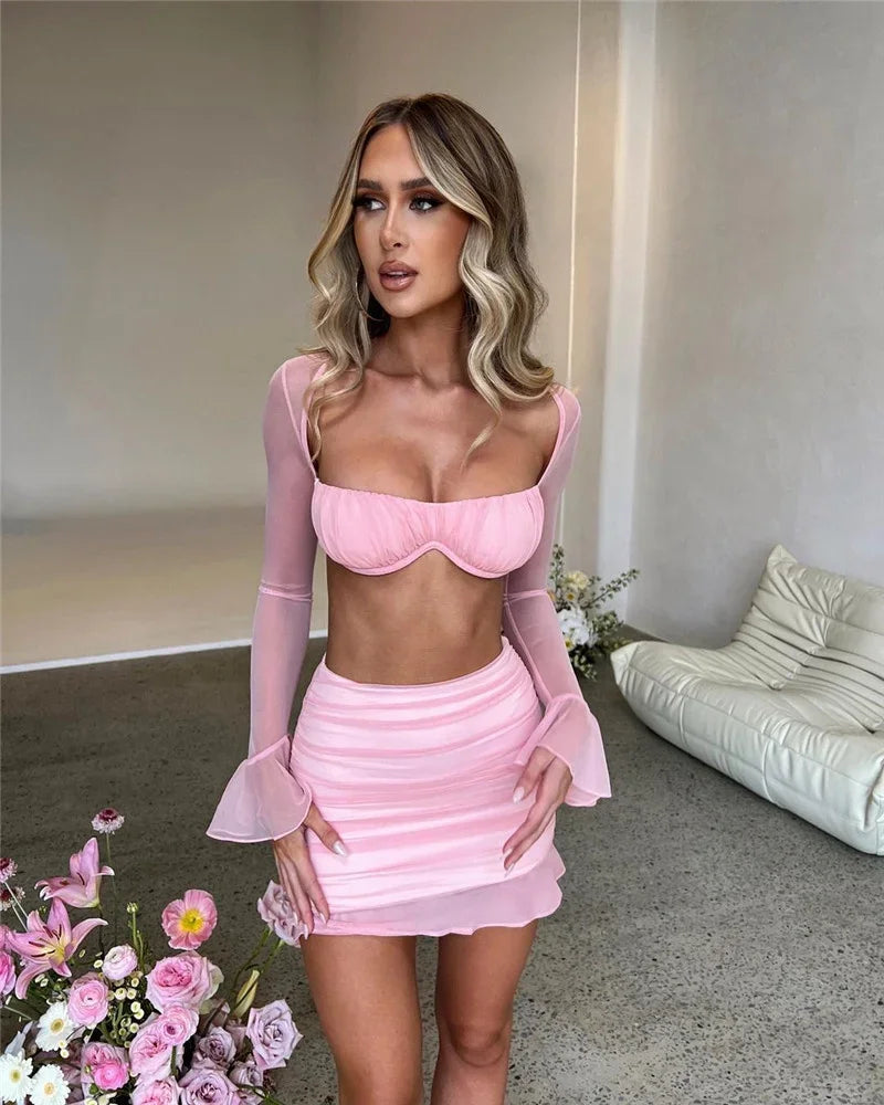 Strapless Full Sleeve Crop Top And Mini Skirt Matching Sets Club Party Two Piece Set