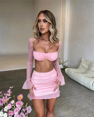 Strapless Full Sleeve Crop Top And Mini Skirt Matching Sets Club Party Two Piece Set
