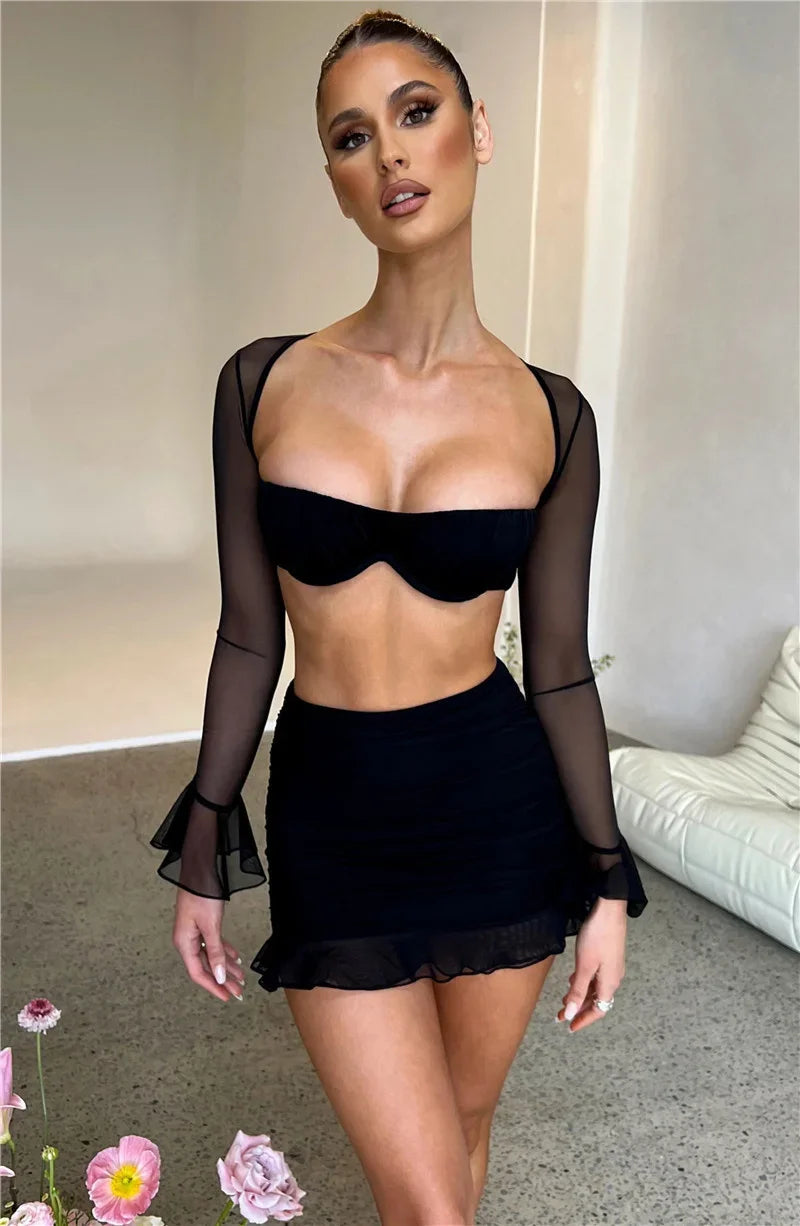 Strapless Full Sleeve Crop Top And Mini Skirt Matching Sets Club Party Two Piece Set