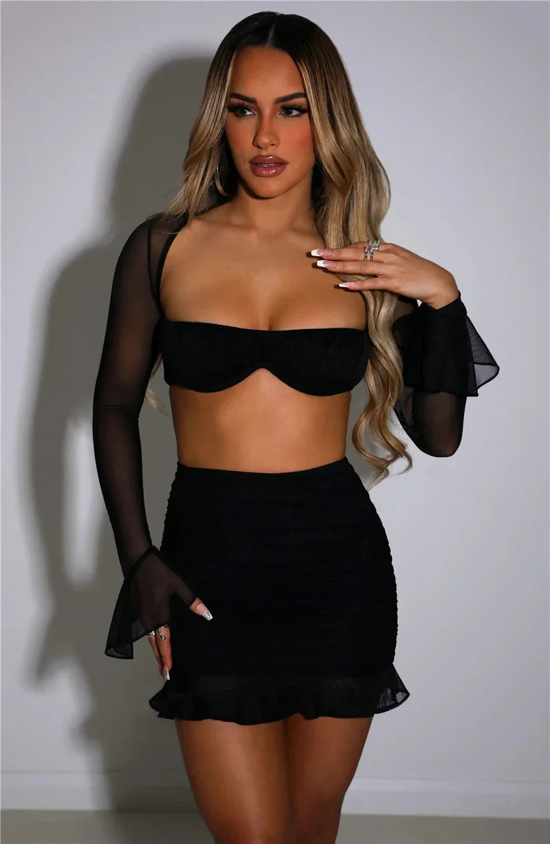 Strapless Full Sleeve Crop Top And Mini Skirt Matching Sets Club Party Two Piece Set