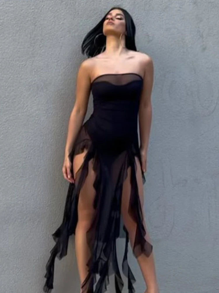 Strapless Mesh Irregular Tassel Sleeveless Tight Hipster Midnight Beach Vacation Body Tops