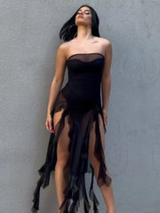 Strapless Mesh Irregular Tassel Sleeveless Tight Hipster Midnight Beach Vacation Body Tops