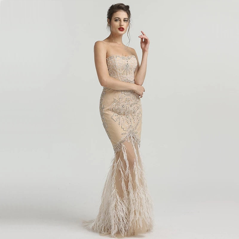 Strapless Mermaid Feathers Evening Dress