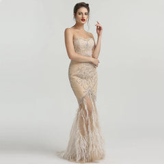 Strapless Mermaid Feathers Evening Dress