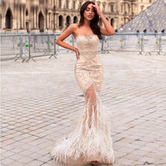 Strapless Mermaid Feathers Evening Dress