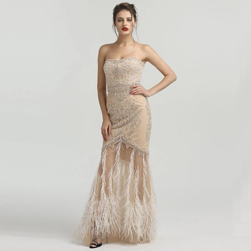 Strapless Mermaid Feathers Evening Dress