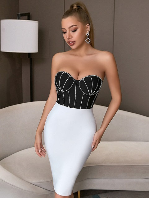 Strapless Sleeveless Patchwork Diamonds Party Dress