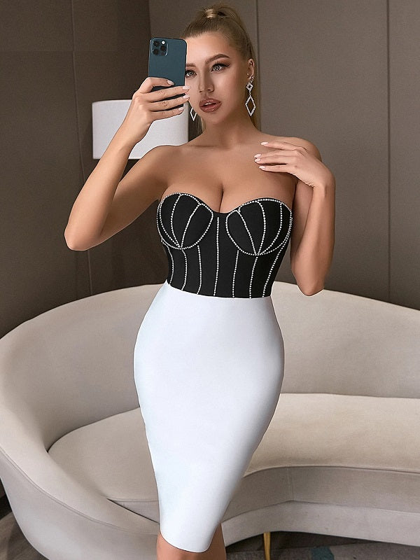 Strapless Sleeveless Patchwork Diamonds Party Dress
