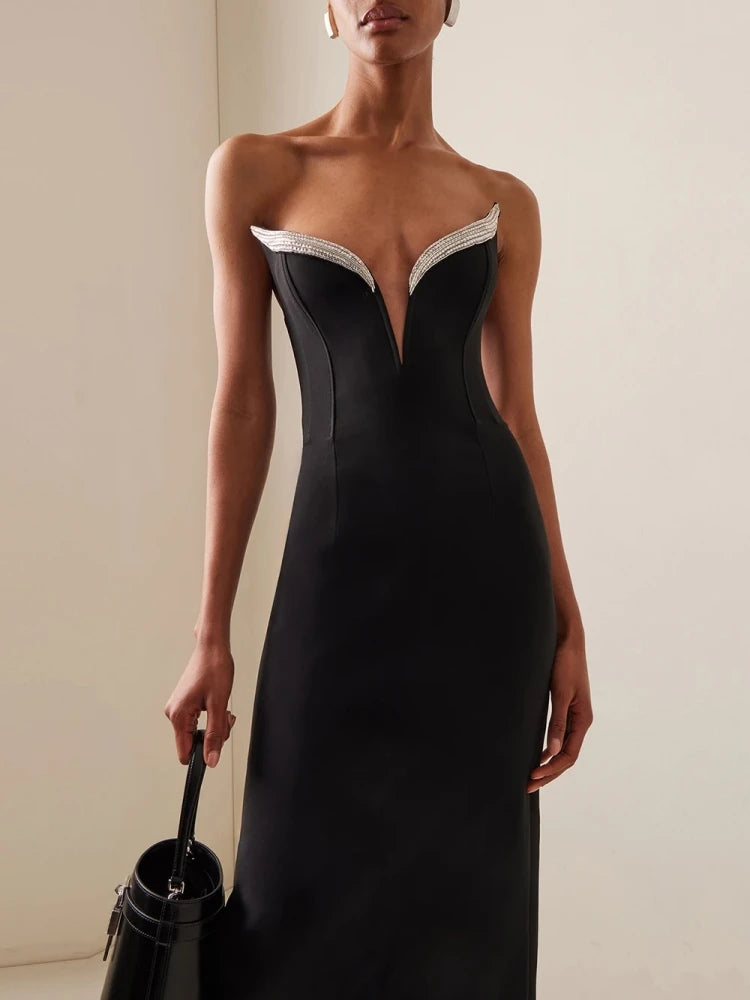 Diamonds Strapless V Neck Sleeveless Backless Shiny Party Bodycon Bandage Midi Dresses