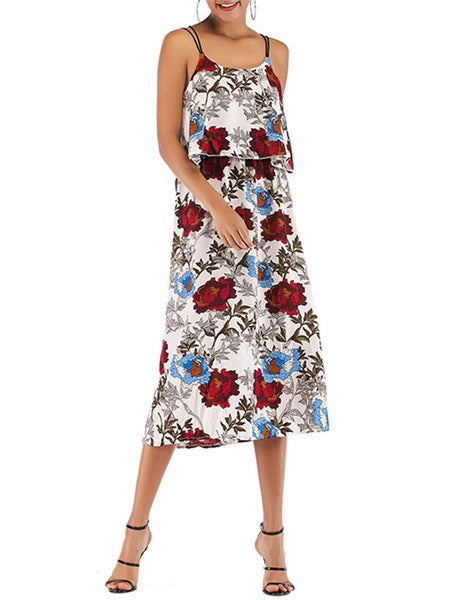 Straps Neck Floral Print Beach Dress