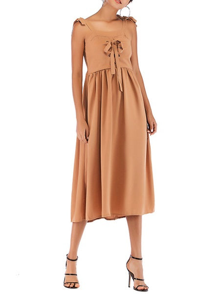 Straps Neck Knotted Cotton Blend Beach Dress