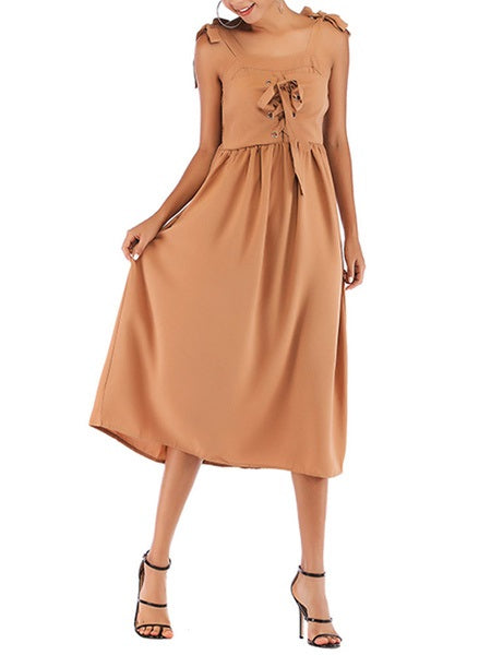 Straps Neck Knotted Cotton Blend Beach Dress