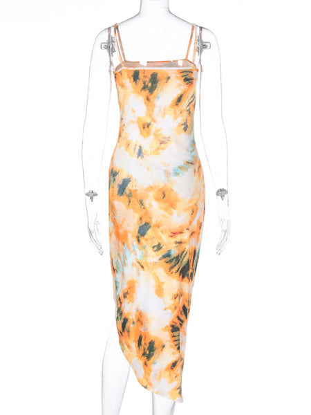 Straps Neck Lace Up Tie Dye Color Block Split Beach Dress