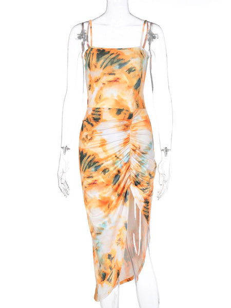 Straps Neck Lace Up Tie Dye Color Block Split Beach Dress