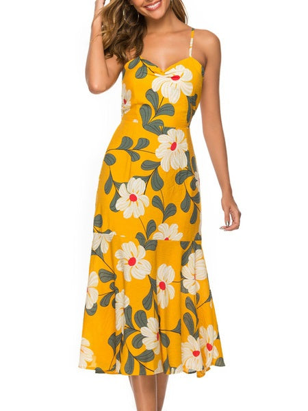 Straps Neck Printed Cotton Blend Beach Dress