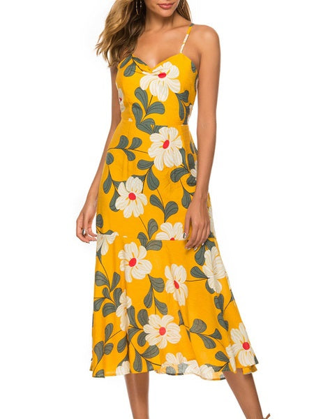 Straps Neck Printed Cotton Blend Beach Dress