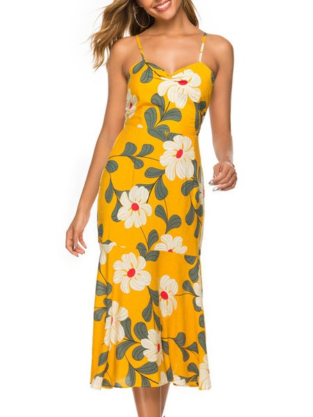 Straps Neck Printed Cotton Blend Beach Dress