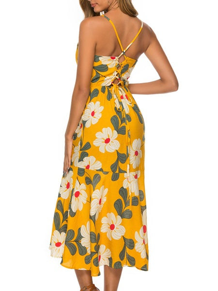 Straps Neck Printed Cotton Blend Beach Dress