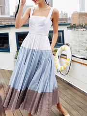 Straps Neck Sleeveless Pleated Flared Dress