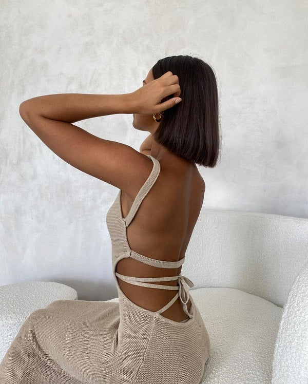Stripe Color Blocking Backless Bandage Knitted Dress
