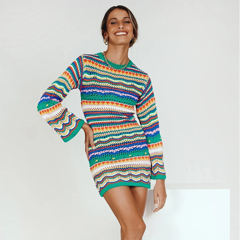 Stripe Knitted Long Sleeves Round Neck Mini Dress