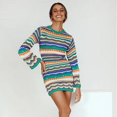 Stripe Knitted Long Sleeves Round Neck Mini Dress
