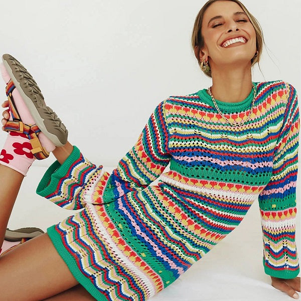 Stripe Knitted Long Sleeves Round Neck Mini Dress