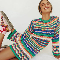 Stripe Knitted Long Sleeves Round Neck Mini Dress