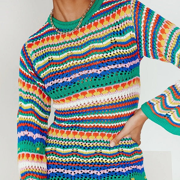 Stripe Knitted Long Sleeves Round Neck Mini Dress